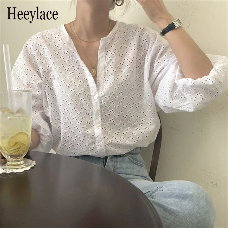 

Summer Blouses Female White Hollow Out Delicate 2021 Solid Soft Outwear Casual Femme Tops Lady Fashion Women Chic Shirts Tops