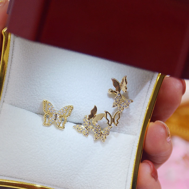 

2021 New Arrive Popular Design 14K Real Gold Asymmetric Butterfly Earring for Women Charm Zircon Stud S925 Silver Needle INS Hot