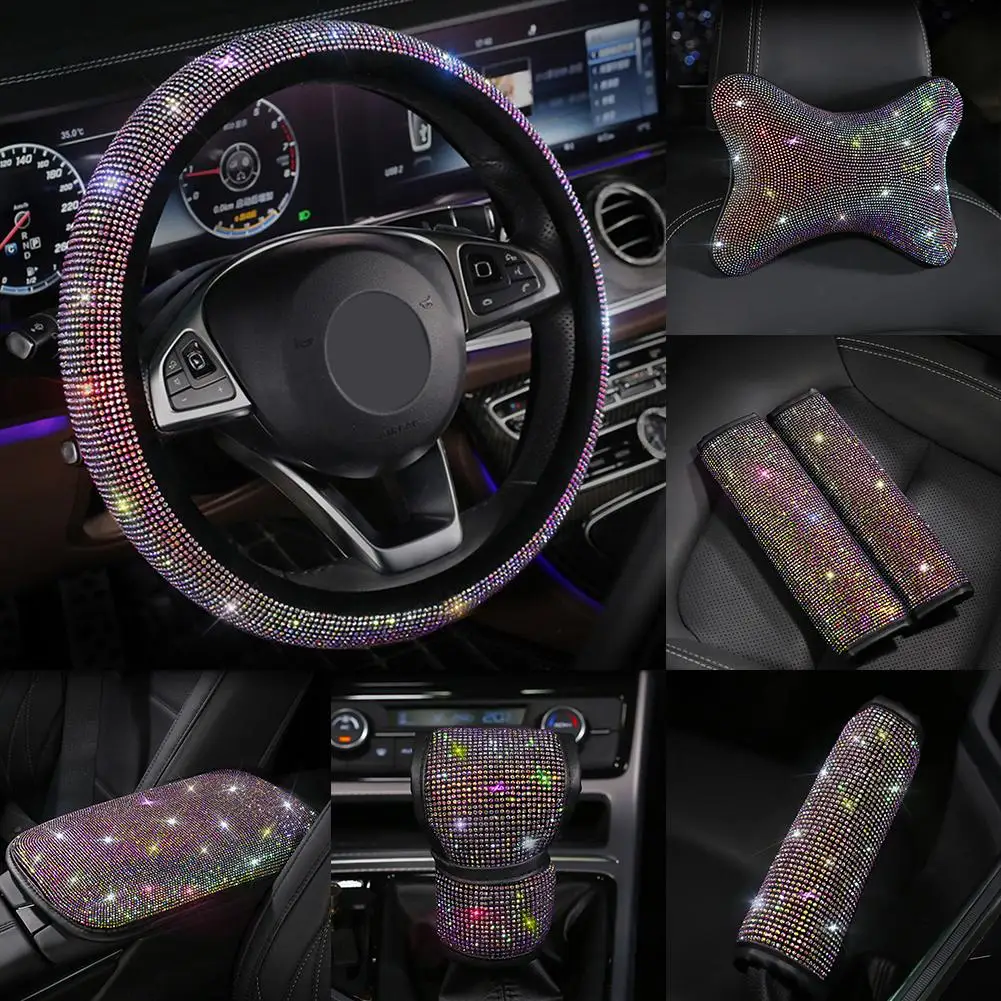 

Shining Rhinestones Crystal Car Steering Wheel Cover Gear Shift Cover PU Leather Steering-wheel covers Auto Accessories Case
