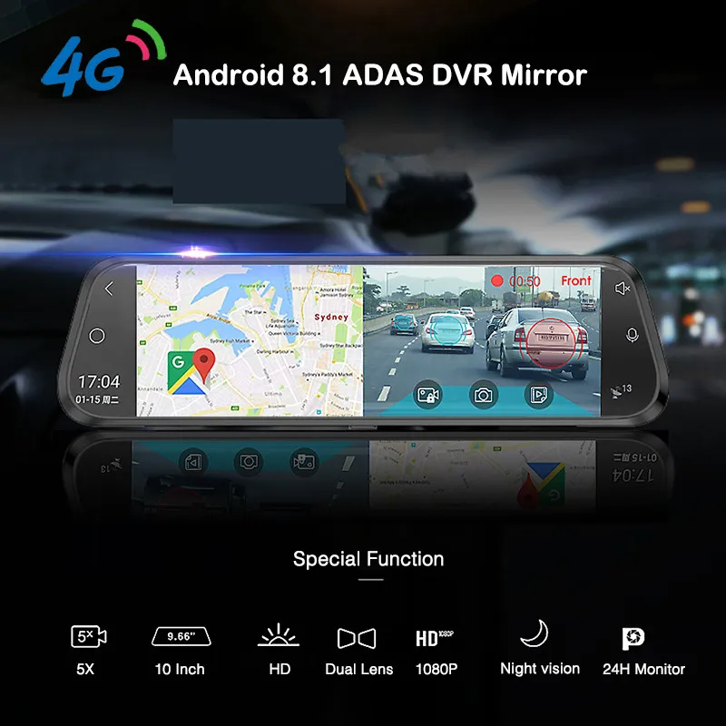 Видеорегистратор-зеркало заднего вида 10 дюймов IPS 4G Android 8 1 FHD 1080P ADAS GPS DVRS |
