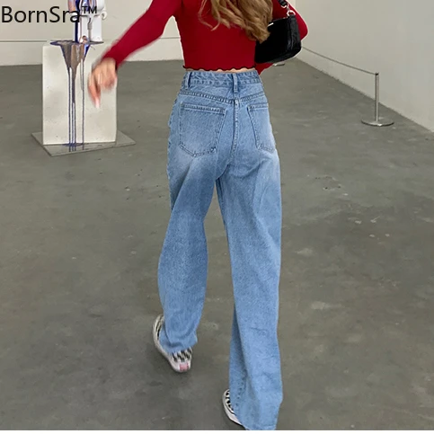 

Bornsra 2021 Spring Summer Full Length Button Fly High Waist Jeans Fake Zippers Washed Vintage Women Blue Jeans Female