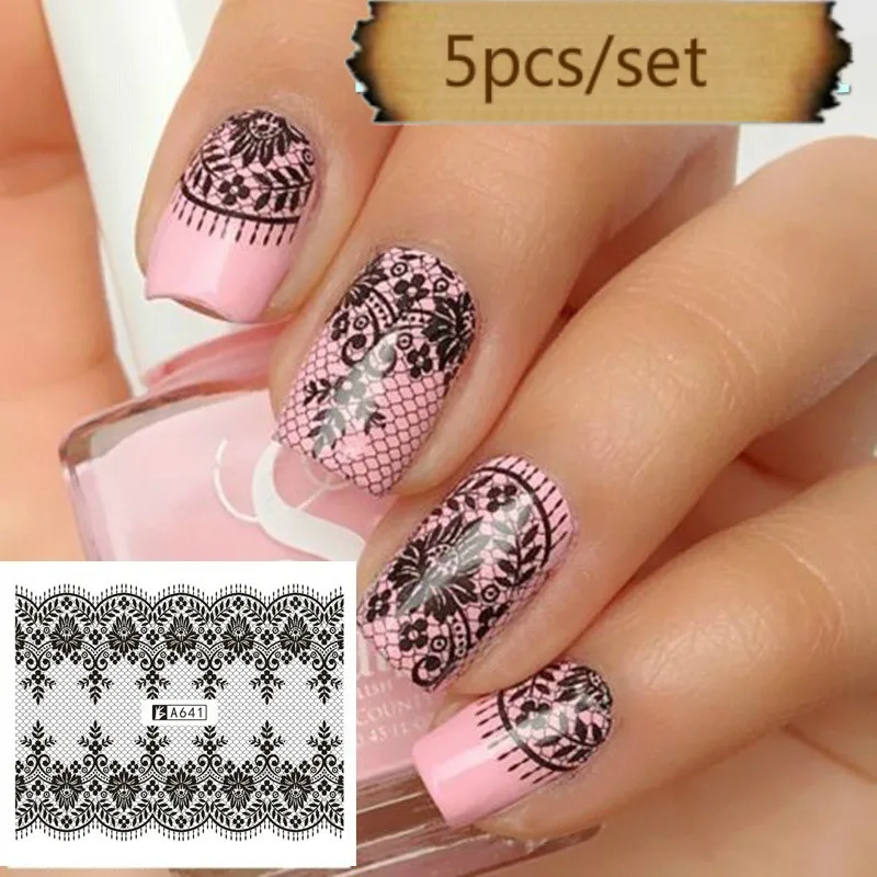 5 шт./компл. Водные Наклейки для дизайна ногтей Переводные черные кружевные розы
