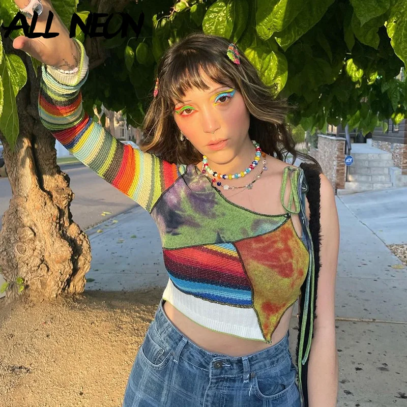 

ALLNeon Harajuku Fashion Patchwork Straped Cropped Tops Y2K Aesthetics One Shoulder Ribbed Long Sleeve T-shirts 90s Vintage Tees