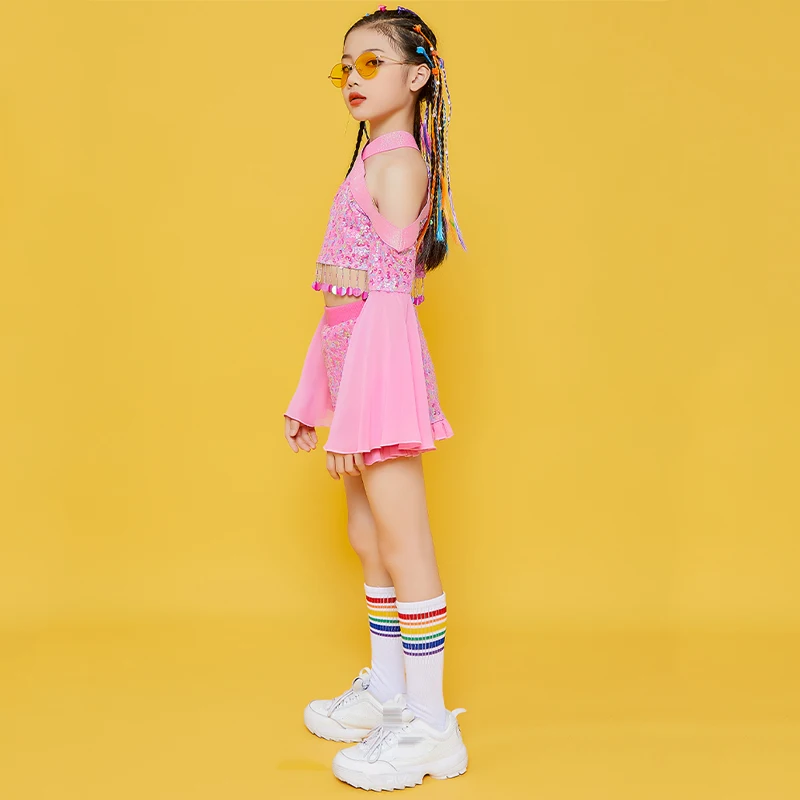 

2020 Girls Jazz Dance Sequin Costume Stage Performance Modern Dance Wear Sparkly Pink Dress Children Festival Catwalk Clothing