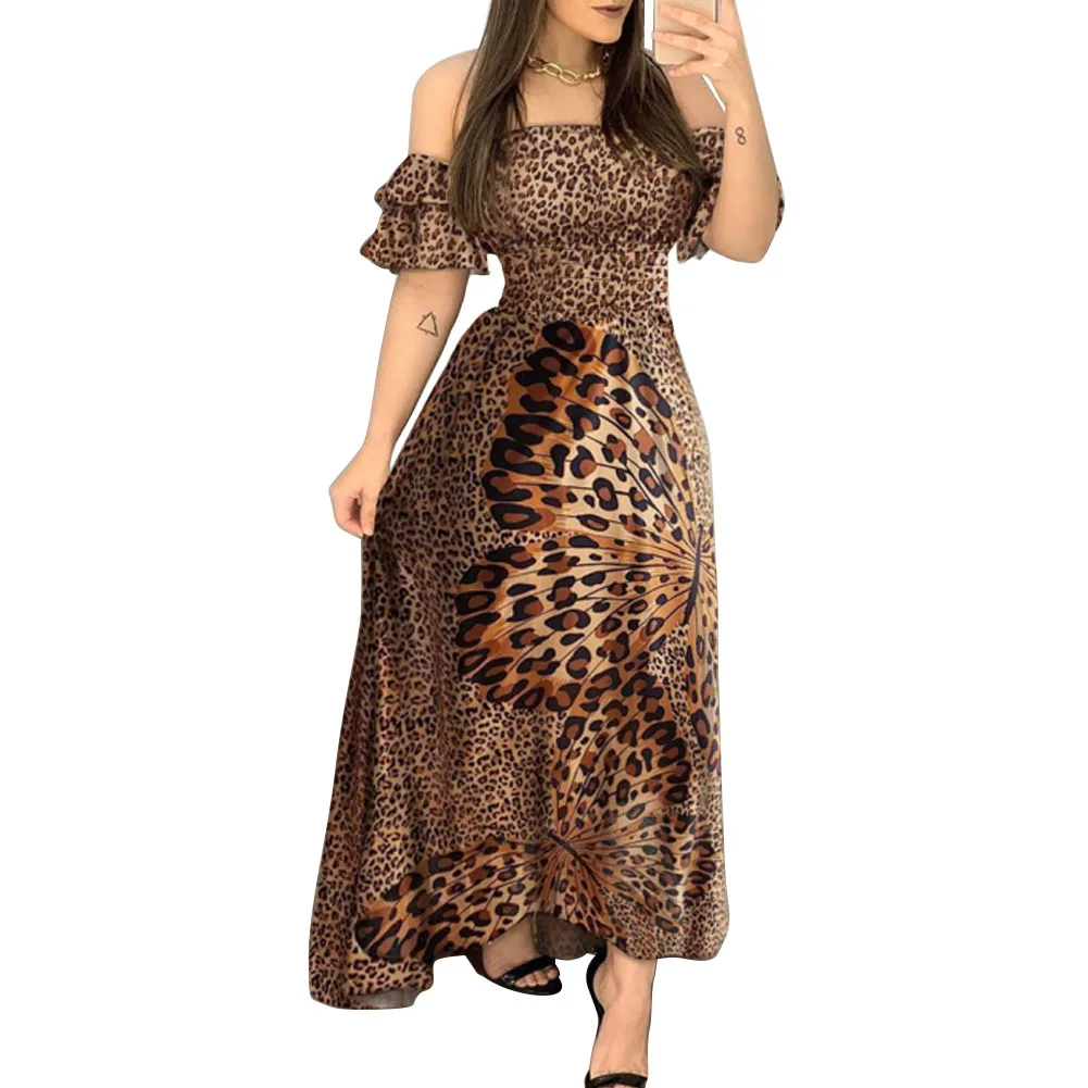 

Women Dress Off Shoulder Printed Dress Casual Vintage Leopard Butterfly Pattern High Waist Maxi Dress Holiday Wear