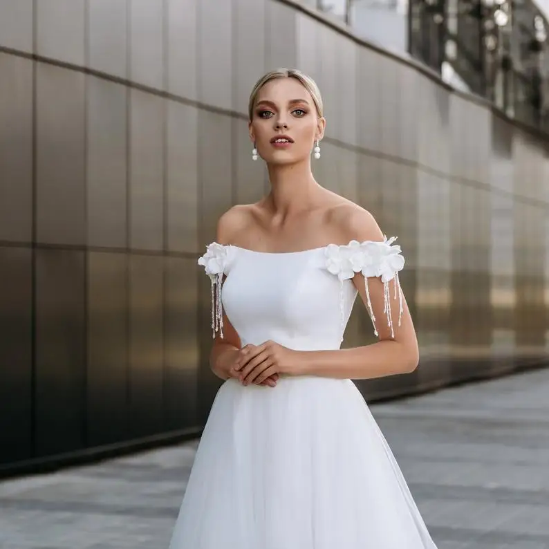 Белое свадебное платье принцессы LORIE с вырезом лодочкой и открытыми плечами