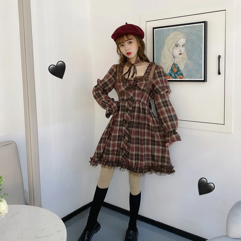 

New Mori Girl Ruffles Dress Japanese Lolita Dress Women Spring Cosplay Costume Retro Plaid Wild Daily Light Lolita Bow Dress