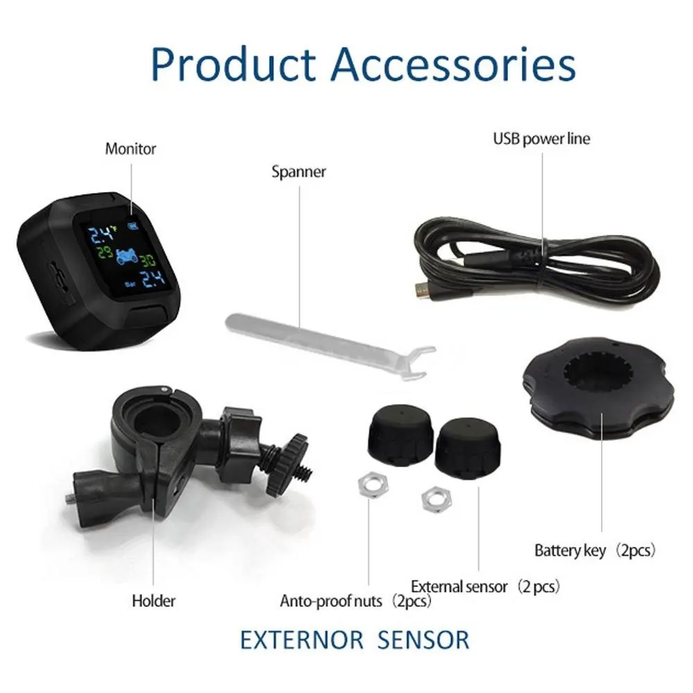 

Motorcycle TPMS Moto Tire Pressure Monitoring System TMPS LCD Display Alarm With 2 external Sensors Car Real time Tire Monitor