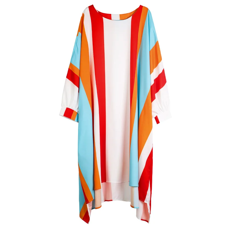 

Striped Bohemian Dresses Plus Size Summer Woman 2021 Lady Batwing Sleeve Irregular Length Elegant Fashion Beach Loose Dresses