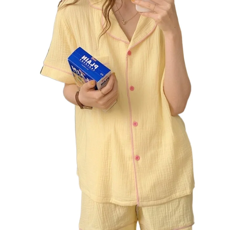 

Marple Solid Summer Pajamas Set Women Korean Single Breasted Shirts + Shorts Set Casual Cotton Home Suit Vintage Home Clothes