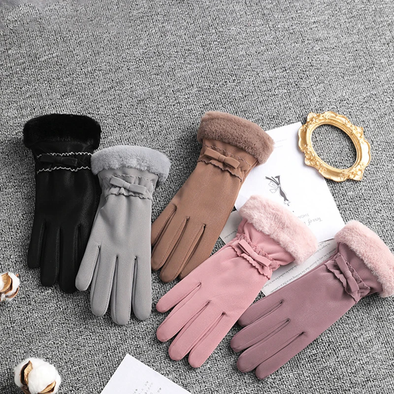 

Женские перчатки для велоспорта на открытом воздухе однотонные бархатные водонепроницаемые варежки для вождения с бантом для сенсорного э...