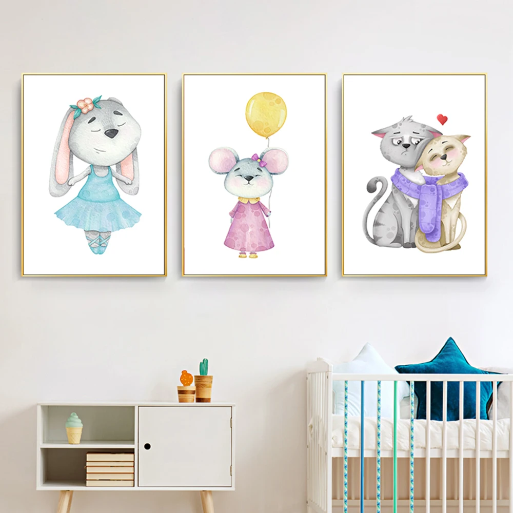

Watercolor Cartoon Animal Mouse Canvas Painting Pictures Baby Nursery Cat Wall Art Posters Print Kids Bedroom Decoration