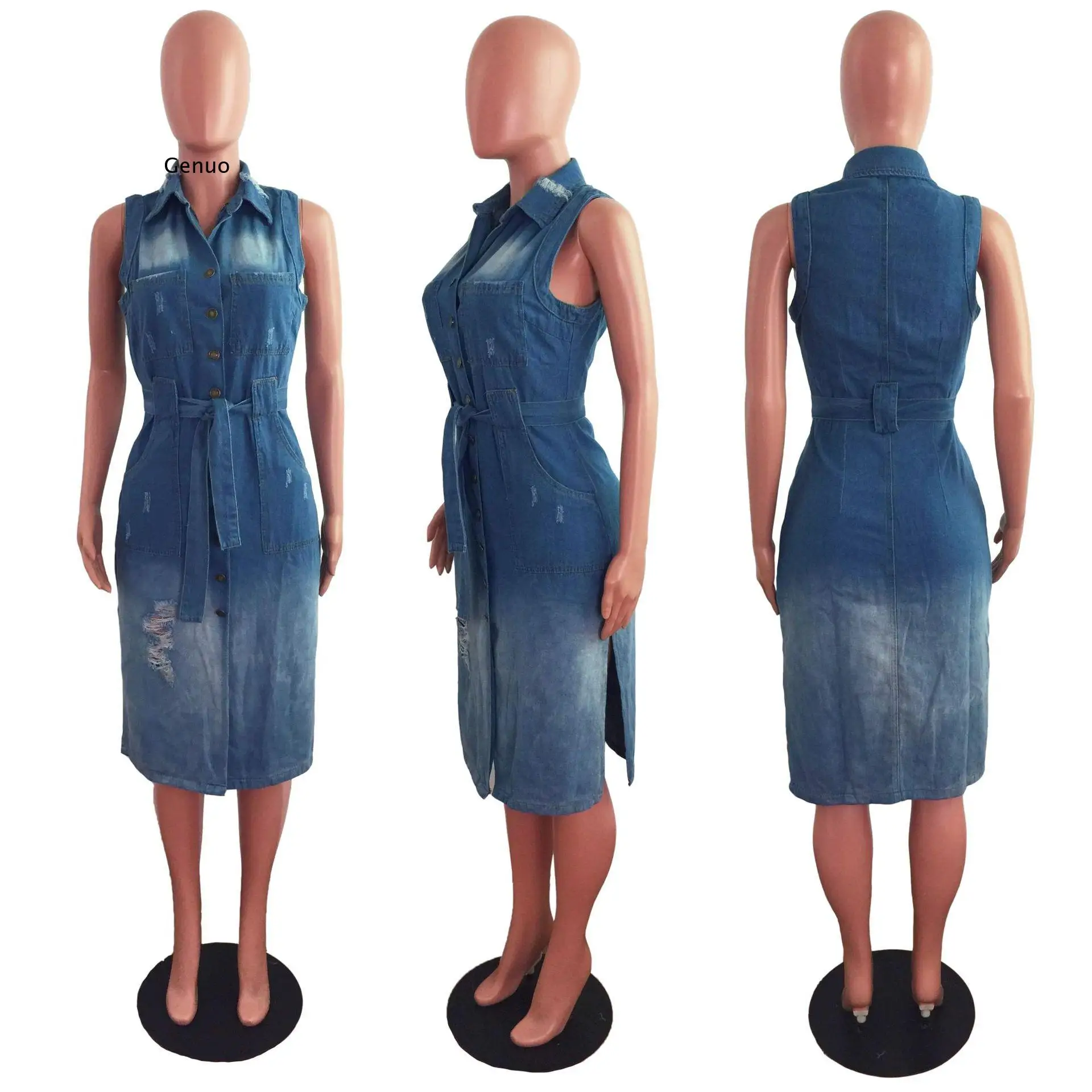Женское джинсовое платье без рукавов с разрезом | Женская одежда