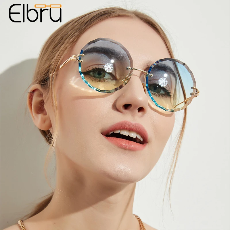 

Elbru 2021 солнцезащитные очки с алмазными краями для женщин и мужчин, круглые солнцезащитные очки без оправы, Модные прозрачные цветные линзы, ...