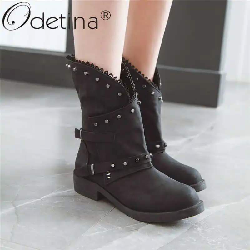 Odetina New Women Chunky Low Heel Platform Zip Buckle Strap Ankle Boots Studded Rivet Comfort Winter Round Toe Big Size 43 | Обувь