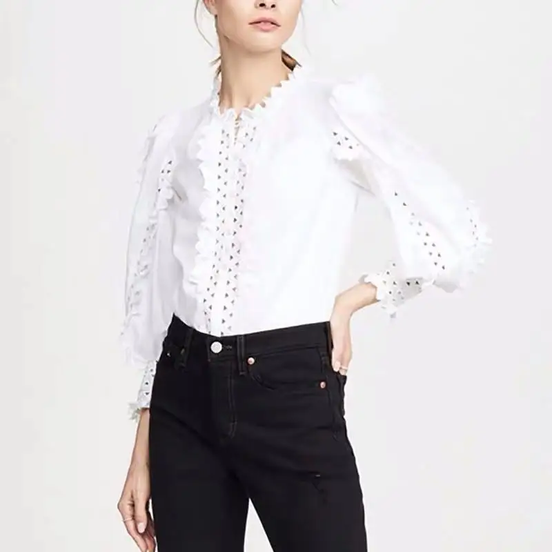 

High Street Women's Designer Blouse Sexy Hollow Out Cotton Puff Sleeves Ruffles Patchwork Buttons Shirts Stand Collar Party Tops
