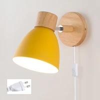 nordic modern wall lamps with useu plug wooden e27 wall sconce for bedroom living room macaroon 6 color steering head lighting