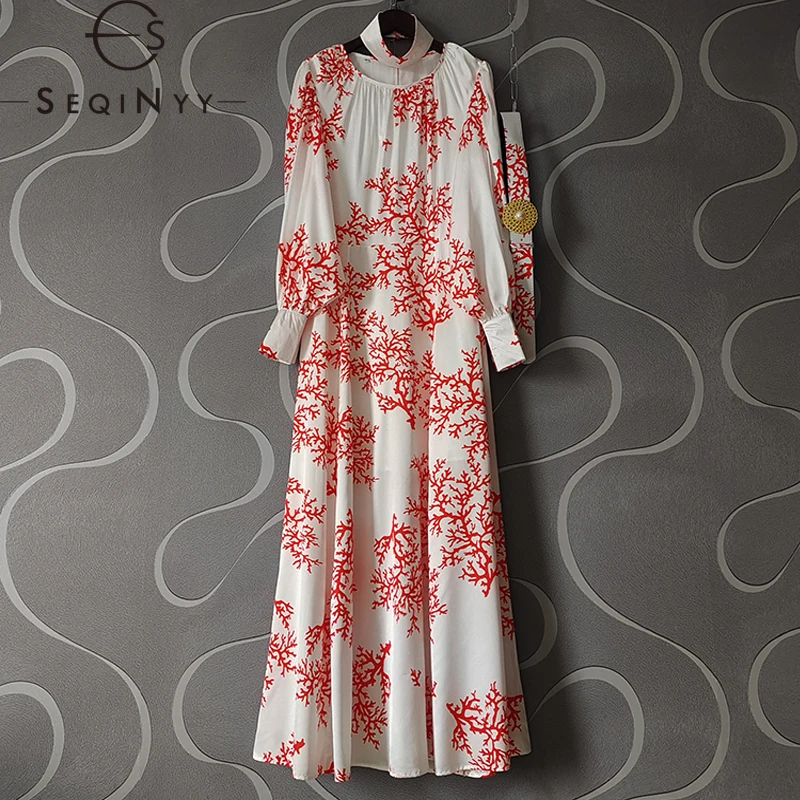 

Женское длинное платье с поясом SEQINYY, элегантное винтажное Повседневное платье-трапеция с красными цветами, весна-осень