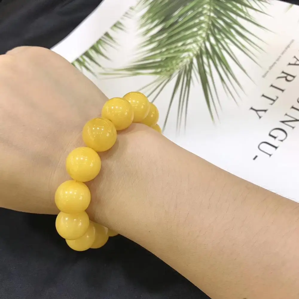 

Natural Yellow Amber Gemstone Bracelet 15.5mm Round Beads Bracelet Women Men Healing Stretch Crystal Amber Genuine AAAAA