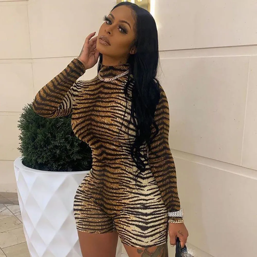 Животный принт Гепард облегающие шорты-комбинезон женские с длинным рукавом