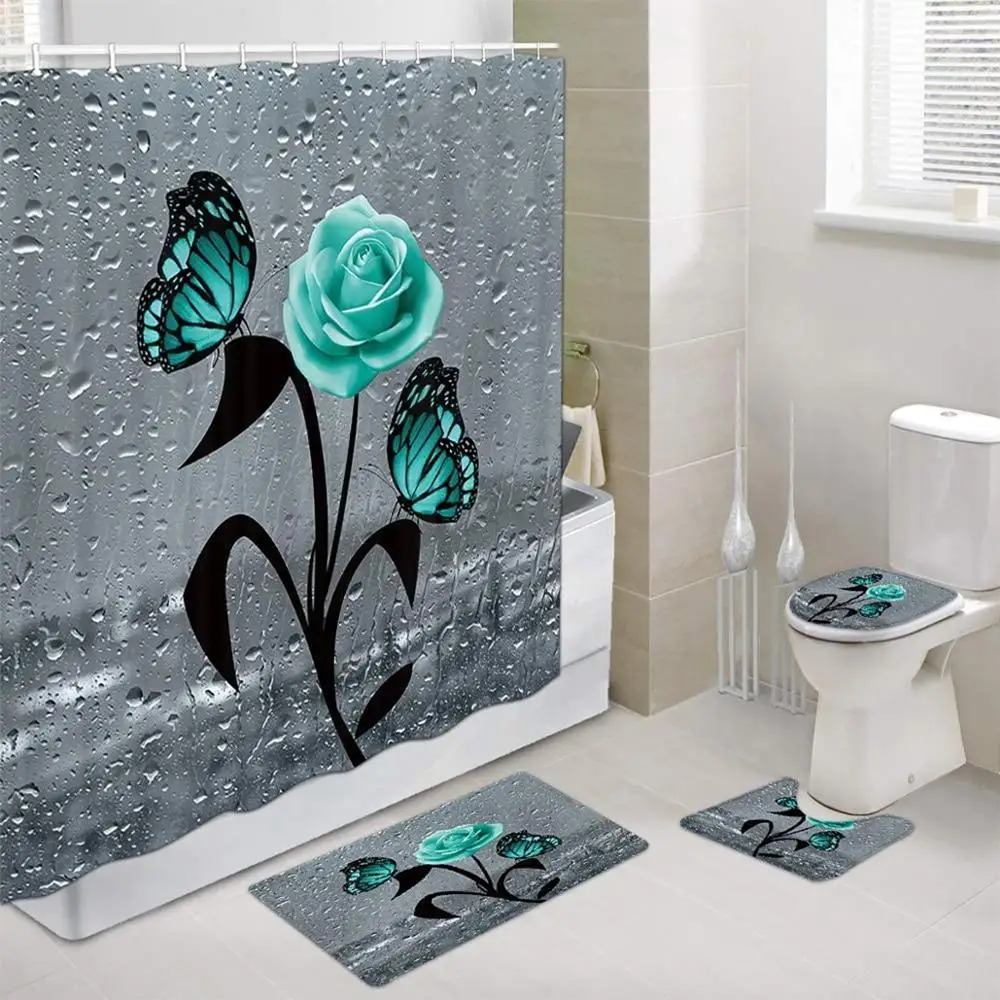 

Green Butterfly Decorative Waterproof Print Shower Curtain 4 Piece Carpet Cover Toilet Cover Bath Mat Pad Bathroom Curtain Set
