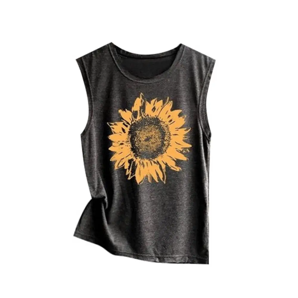 Dark Gray Харадзюку женская рубашка без рукавов Kawaii Sunflowe с принтом Повседневный Свободный Топ мягкий удобный Топ Футболка Femme ropa mujer - Цвет: Dark Gray
