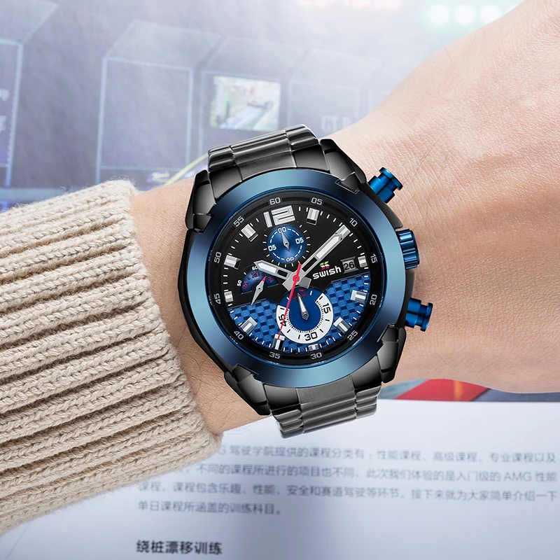 

SWISH LuxutyTop Brand Stainless Steel Quartz Clock Men Sport Military Watches Luminous Waterproof Chronograph Watch Male Reloj