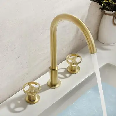 Basin Faucet Brushed golden color split Double handle bathroom washbasin three-hole faucet Hot and Cold water ZFL9999 | Обустройство