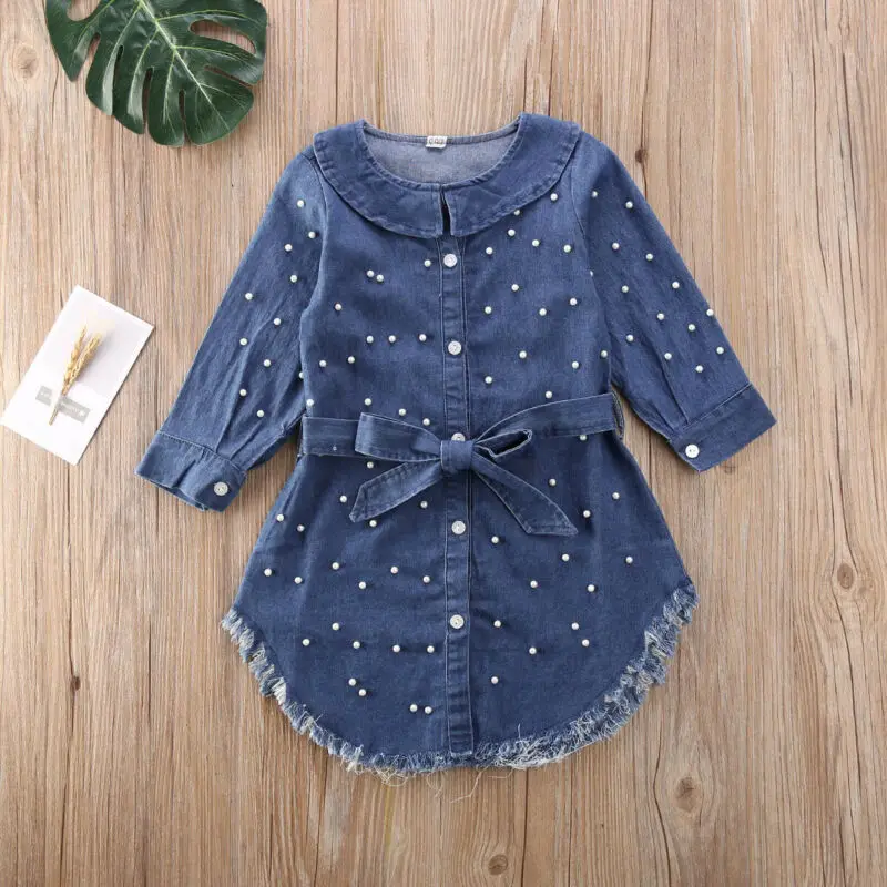 New Toddler Blue Pearl Bowknot Denim Jeans Baby Girl Long Sleeve T-Shirt Dress Kid Coat Clothes | Детская одежда и обувь