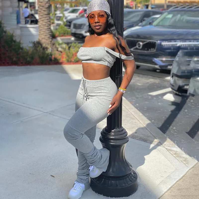 

Fashion Solid Two Piece Set Top And Stacked Pants Tracksuit Women Push Up Sexy Off Shoulder Outfits For Women