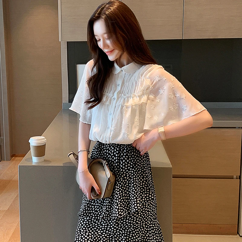 

2021summer Women Shirts Clothes Korean style flared sleeves Fashion Womens Tops And Blouses White Chiffon Evening dress shirt