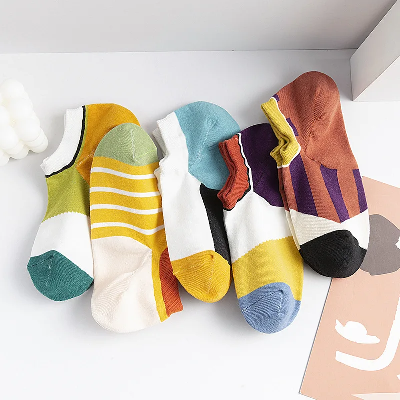 women socks 2020 Japanese new ladies boat color matching geometric net red ins shallow mouth sweat-absorbent cotton |