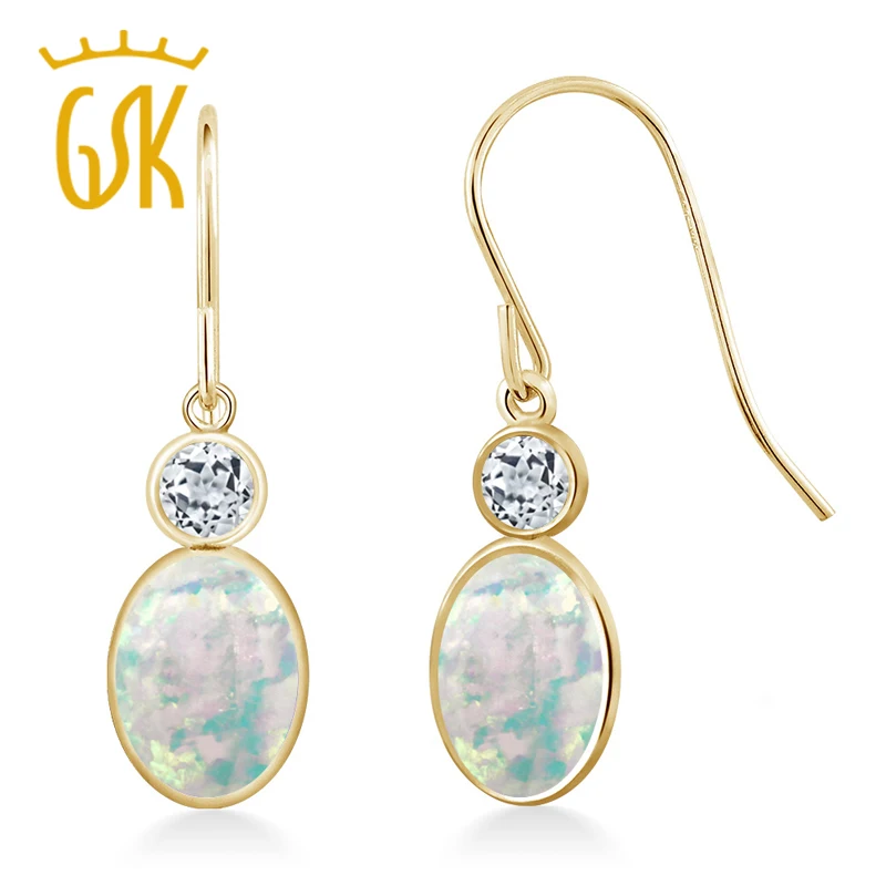 Серьги капельки GemStoneKing 14 K желтое золото 1 54 Ct Овальные Кабошоны Белый Имитация