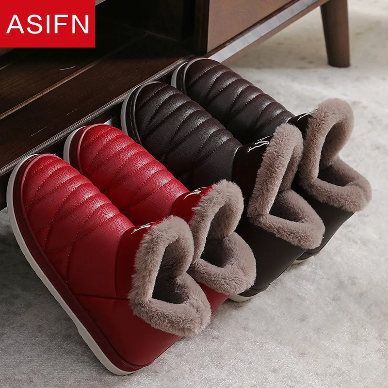 

ASIFN PU Leather Home Winter Slippers for Women Memory Foam Indoor Men Non-Slip Warm House Soft Thick Bottom Cotton Shoes Women