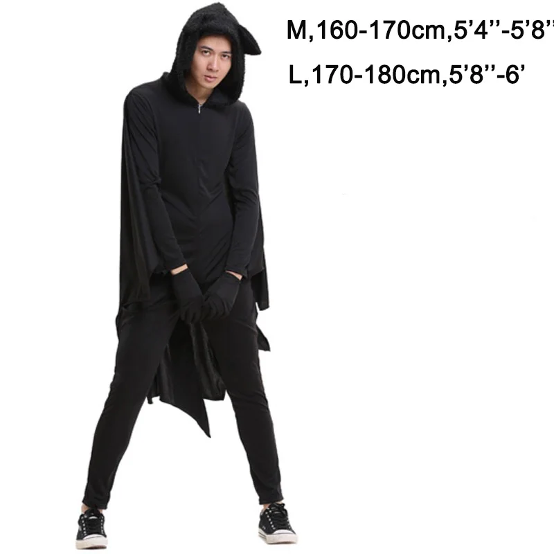 Man Long Jumpsuit Костюм летучей мыши на Хэллоуин, комбинезон с капюшоном для взрослых, мужчин, женщин, детей, черное боди, карнавальный наряд с крыльями, нарядный костюм для леди, ребенка, девочки, 3XL - Цвет: Man Long Jumpsuit