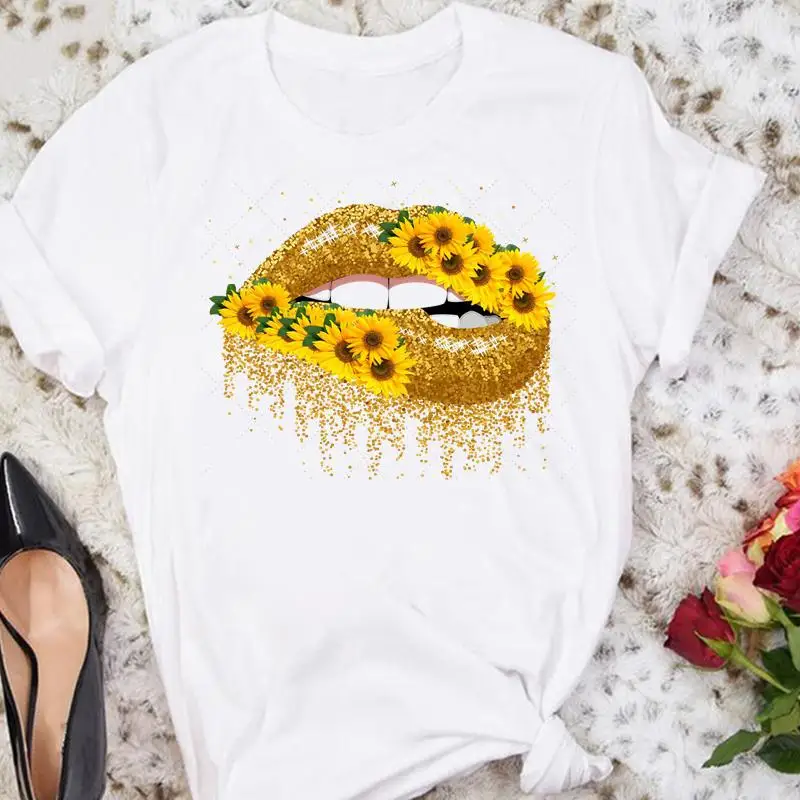 

Women Cartoon Floral Cute Lip Sexy 90s Funny Summer Female Tshirts Fashion Clothes Graphic T Top Lady Print Tee T-Shirt