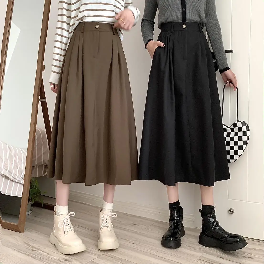 Осенняя элегантная трапециевидная юбка с высокой талией Женская Повседневная
