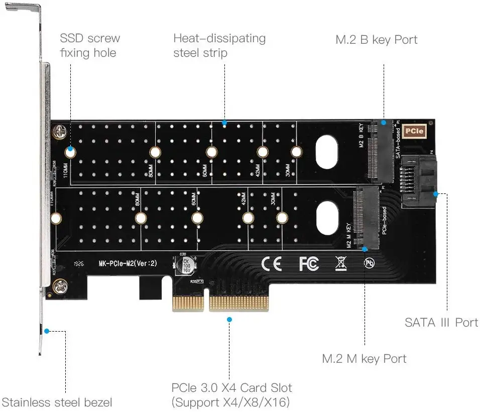 Адаптер PCIE Onvian 2 в 1 M.2 NGFF PCI e 3 0x4 на SATA или NVMe SSD Расширительная карта с поддержкой NVME