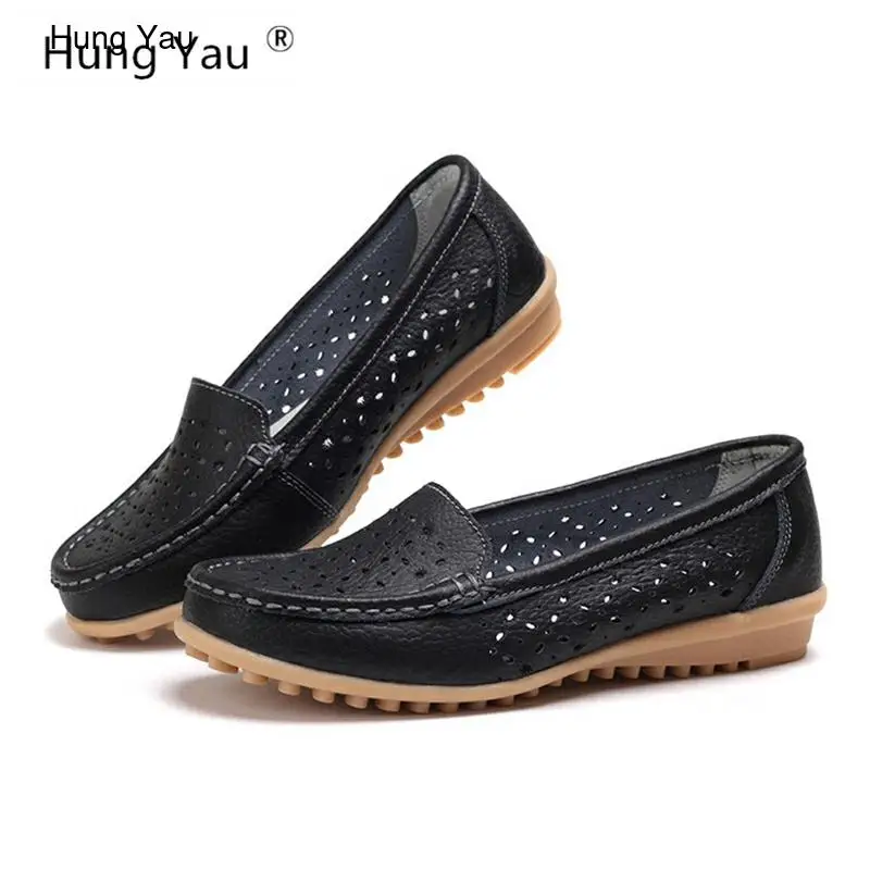 

Hung Yau Solid Flats Shoes Women Loafers Casual Round Toe Soft Hollow-Out Women Platform Black Shoes 4 Colors Plus Size 35-40