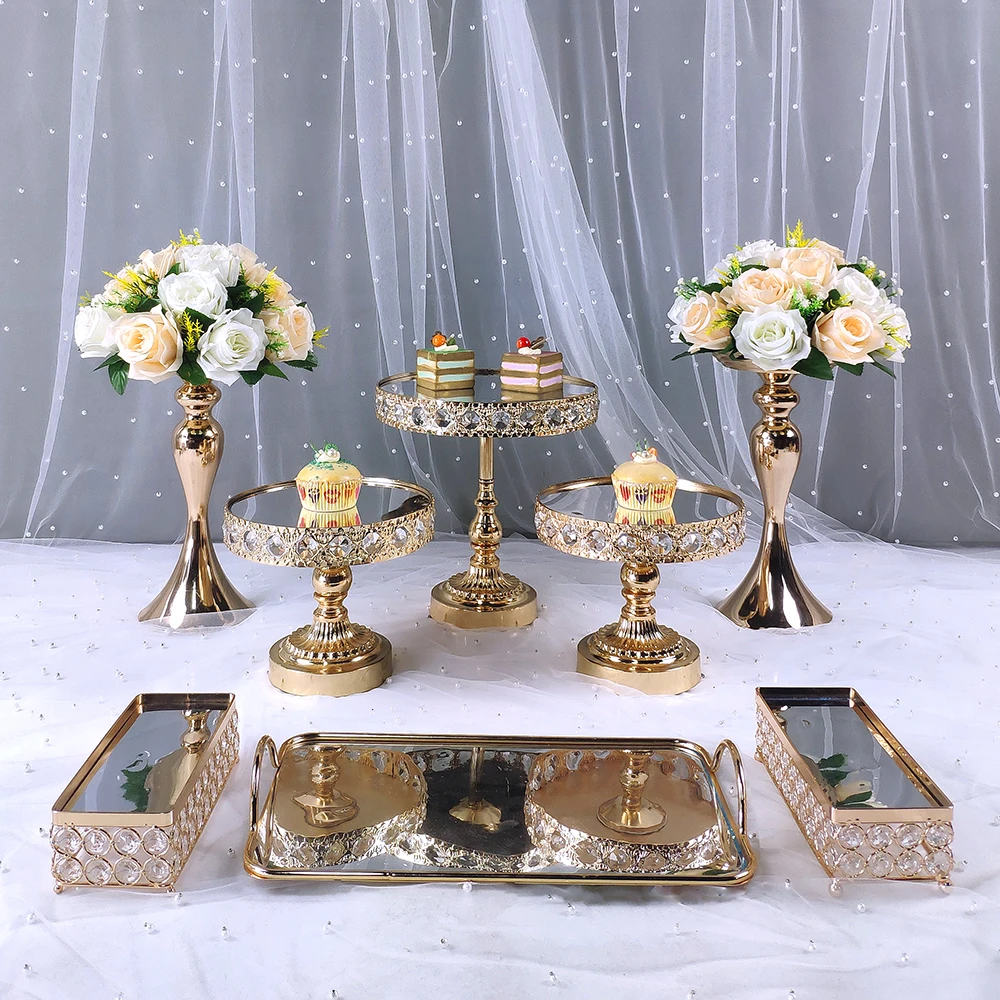 Juego de soportes de cristal para tartas de 8 piezas, soporte de espejo de Metal para cupcakes, decoraciones de Pedestal de postre, bandeja de exhibici&oacute;n para tartas de fiesta de boda-2