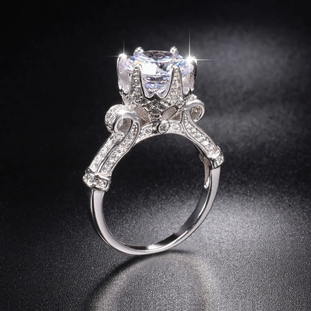 

Real Solid 100% 925 Sterling Silver Lotus Flower Ring Wedding 4ct Simulated Diamond Rings for Women Jewelry