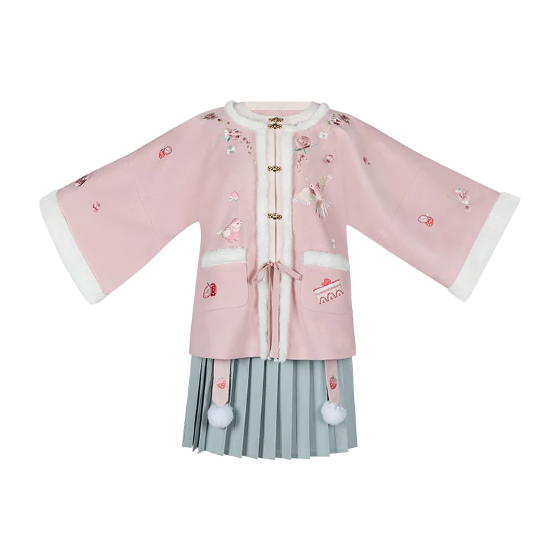 

Pleated Skirt Winter Round Collar Hanfu Suit Cosplay Costumes Half Sleeve Pink Lovely Women Short Jacket Stage Performance Suit