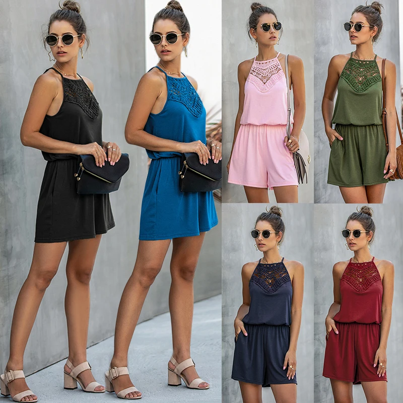 

2020 Summer Cotton Short Women Casual Jumpsuit Female Solid Color Hollow Loose Rompers Off Shoulder Sleeveless Boho Jumpsuit 2XL