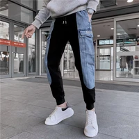 2021 spring and summer new knitted stitching jeans mens korean slim fit trend pants net red hip hop free shipping