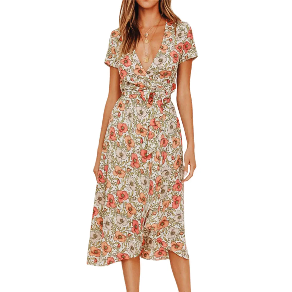 

Женское длинное платье-макси с цветочным принтом, V-образным вырезом и коротким рукавом