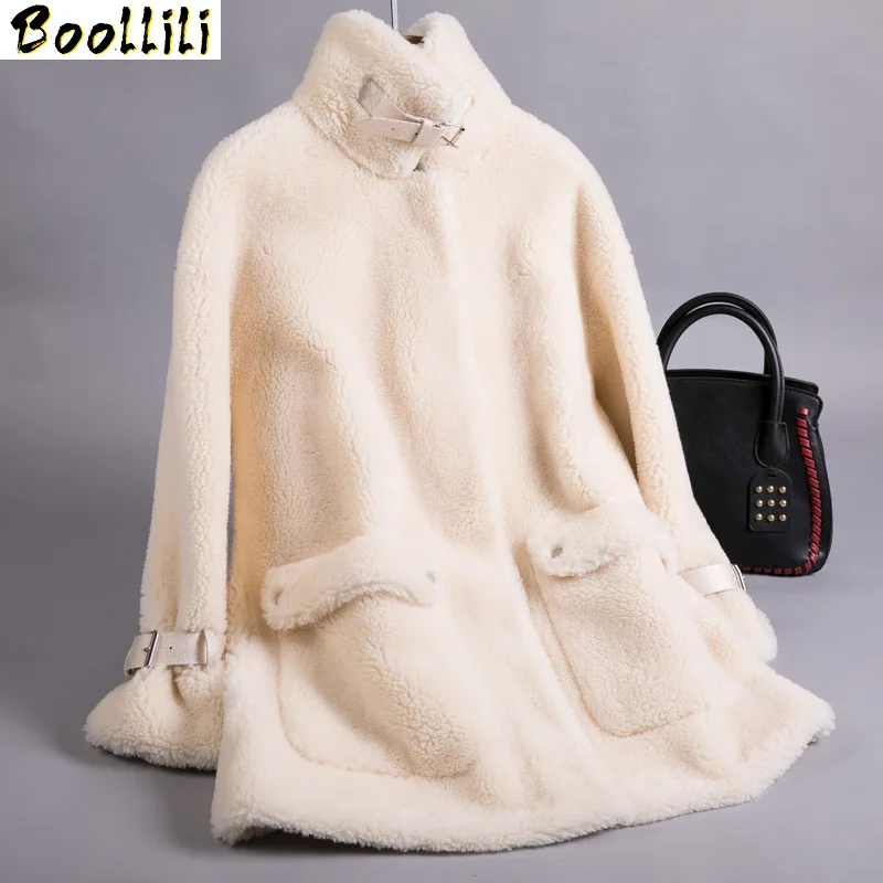 Женское шерстяное пальто Boollili длинное из овечьей шерсти в Корейском стиле зима