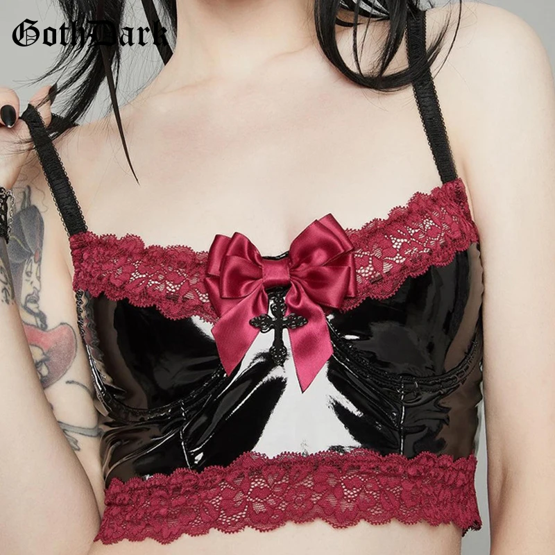 

Goth Dark Mall Gothic Aesthetic Faux Leather Women Camis Punk Grunge Black Lace Trim Bodycon Crop Tops Emo Alternative Clothing