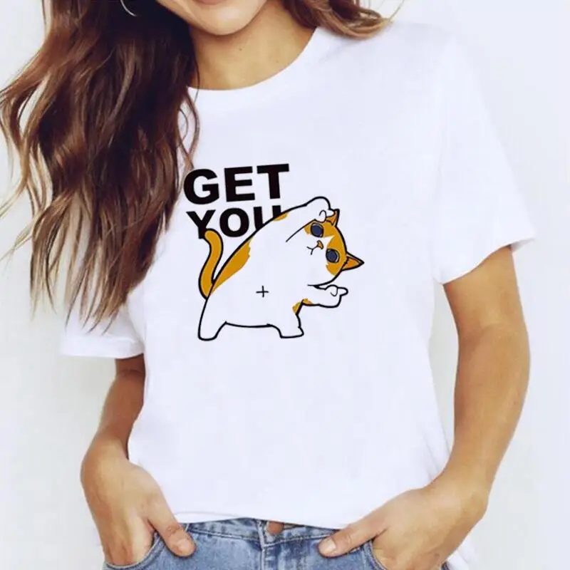 

Летняя хипстерская футболка с коротким рукавом, женская футболка с забавным принтом кошки, женские топы, Повседневная футболка в стиле Хара...
