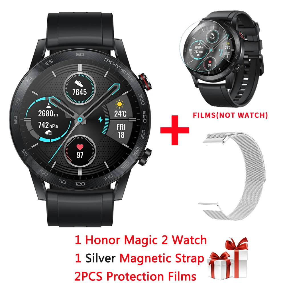 add silver Magnetic Gps+ ГЛОНАСС huawei Honor Magic 2 Смарт-часы 1,3" AMOLED Always-on display 5 АТМ 14 дней Срок службы батареи крови кислородный трекер здоровья - Цвет: add silver Magnetic