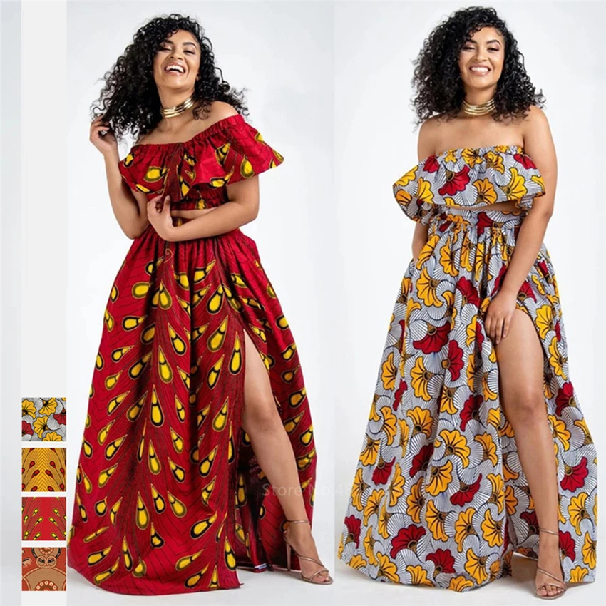

2021 News Ankara Style African Clothes Dashiki Print Top Skirts Fashion Feather Party African Dresses for Women Robe Africaine